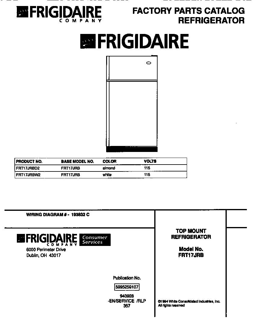 Frigidaire FRT17JRBD2 cover page diagram