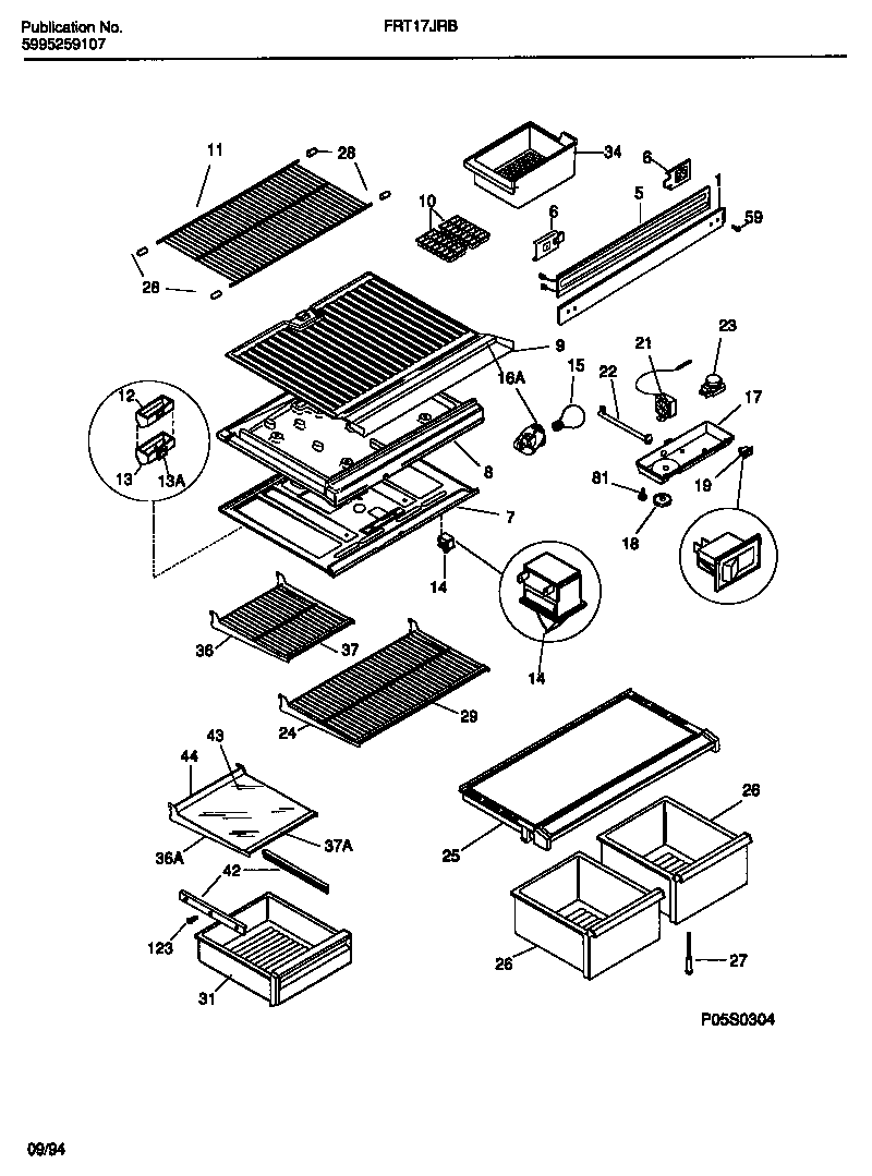 Frigidaire FRT17JRBD2 shelves, controls, divider, mullion diagram