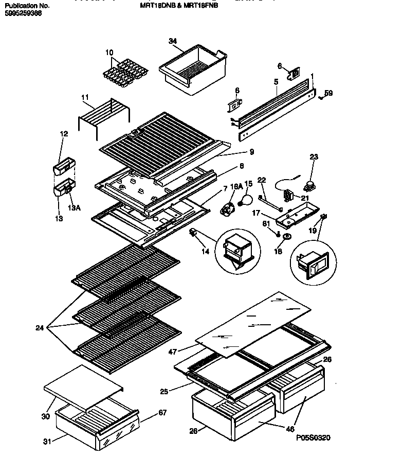 Universal/Multiflex (Frigidaire) MRT18FNBY1 shelves, controls, divider,  mullion diagram