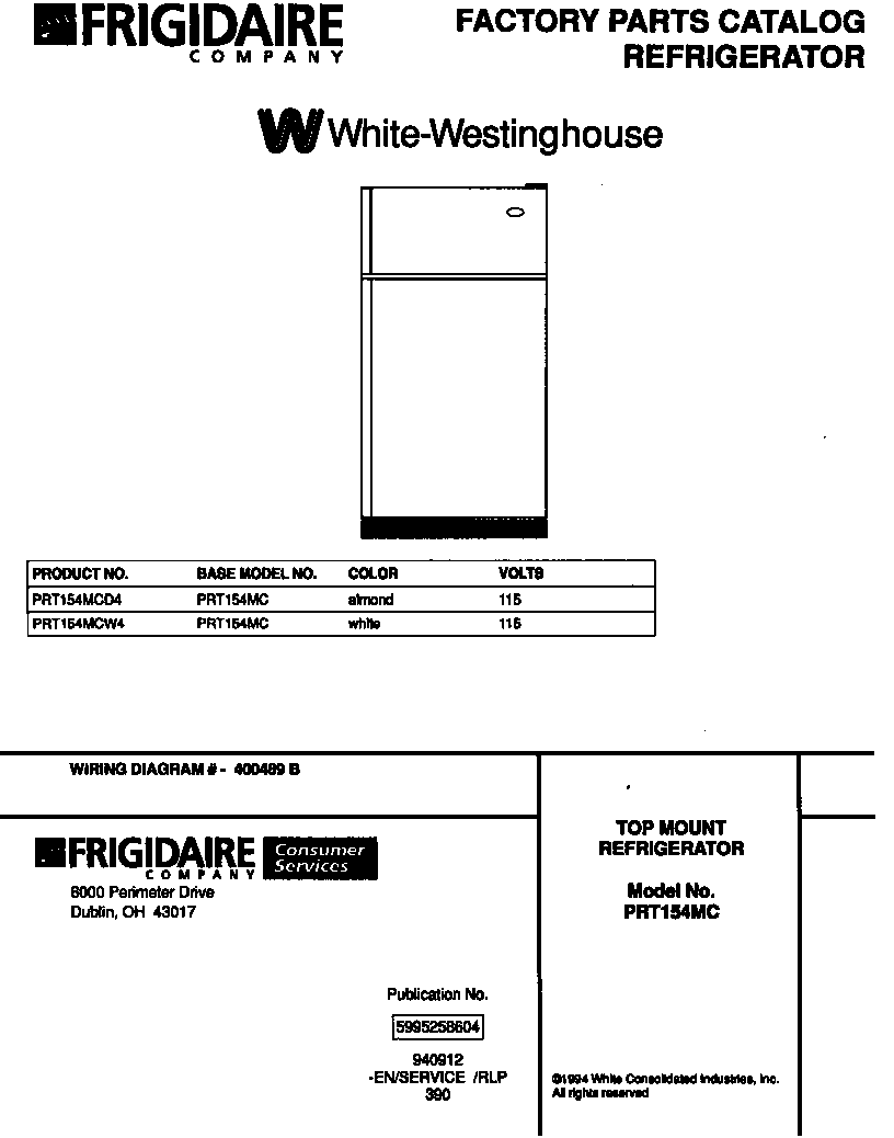 White-Westinghouse PRT154MCD4 top mount refrigerator diagram