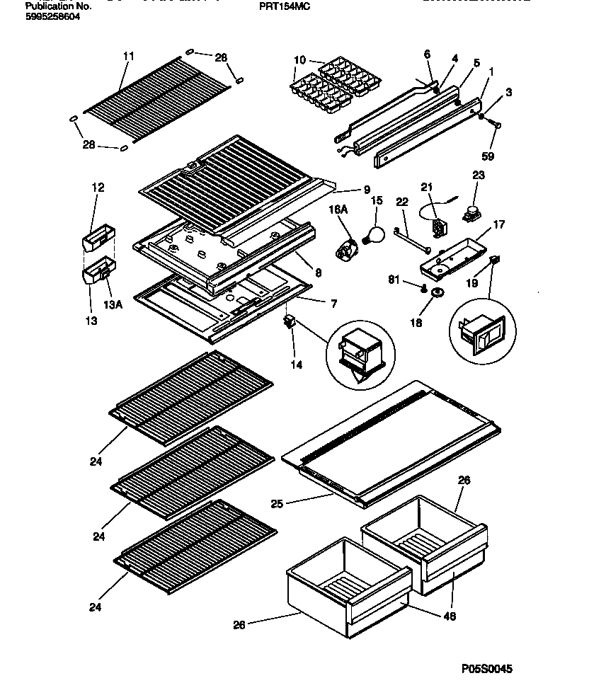 White-Westinghouse PRT154MCD4 shelves, controls, divider, mullion diagram