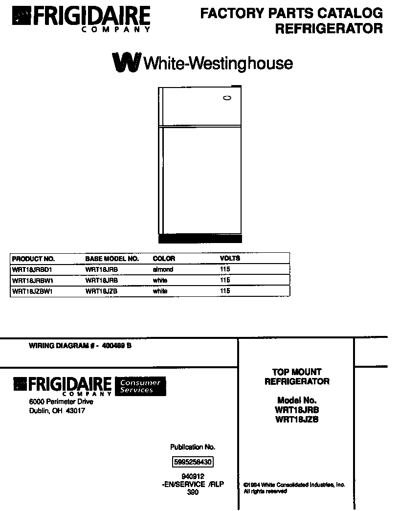 White-Westinghouse WRT18JRBD1 top mount refrigerator diagram