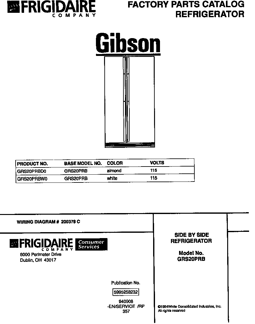 Gibson GRS20PRBD0 side by side refrigerator diagram