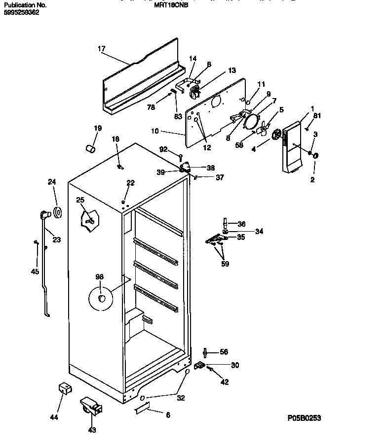 Universal/Multiflex (Frigidaire) MRT18CNBZ1 cabinet w/fan assembly diagram