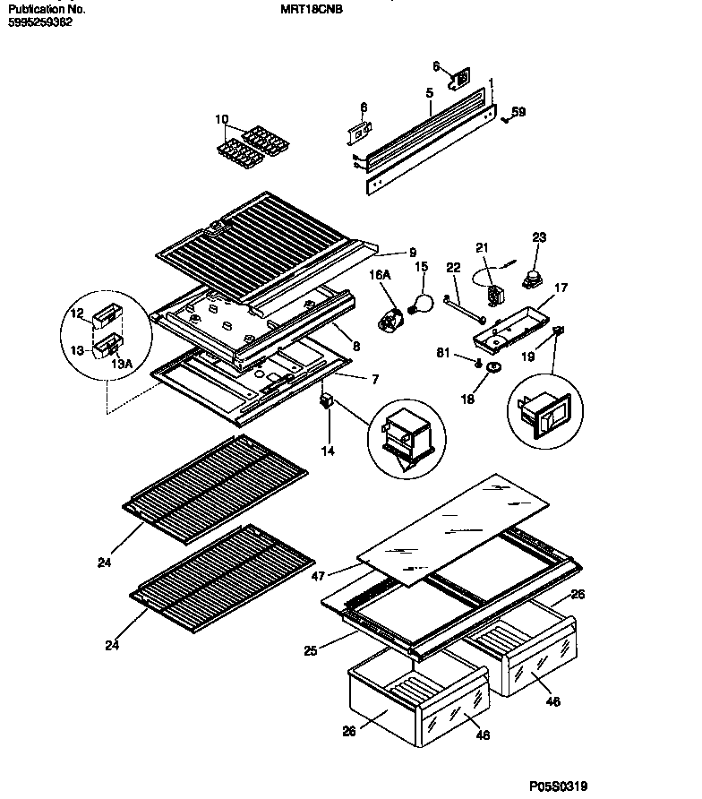Universal/Multiflex (Frigidaire) MRT18CNBZ1 shelves, controls, divider, mullion diagram
