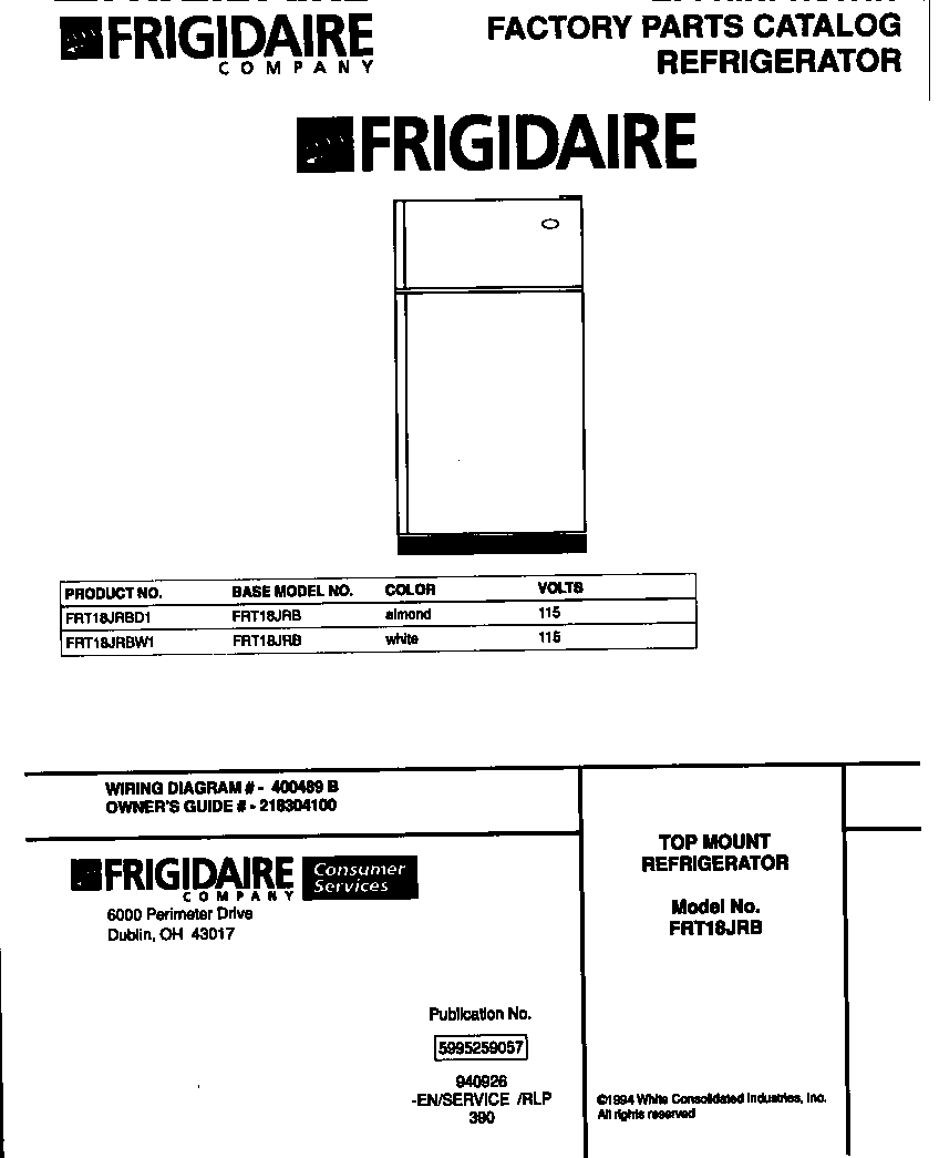 Frigidaire FRT18JRBW1 top mount refrigerator diagram