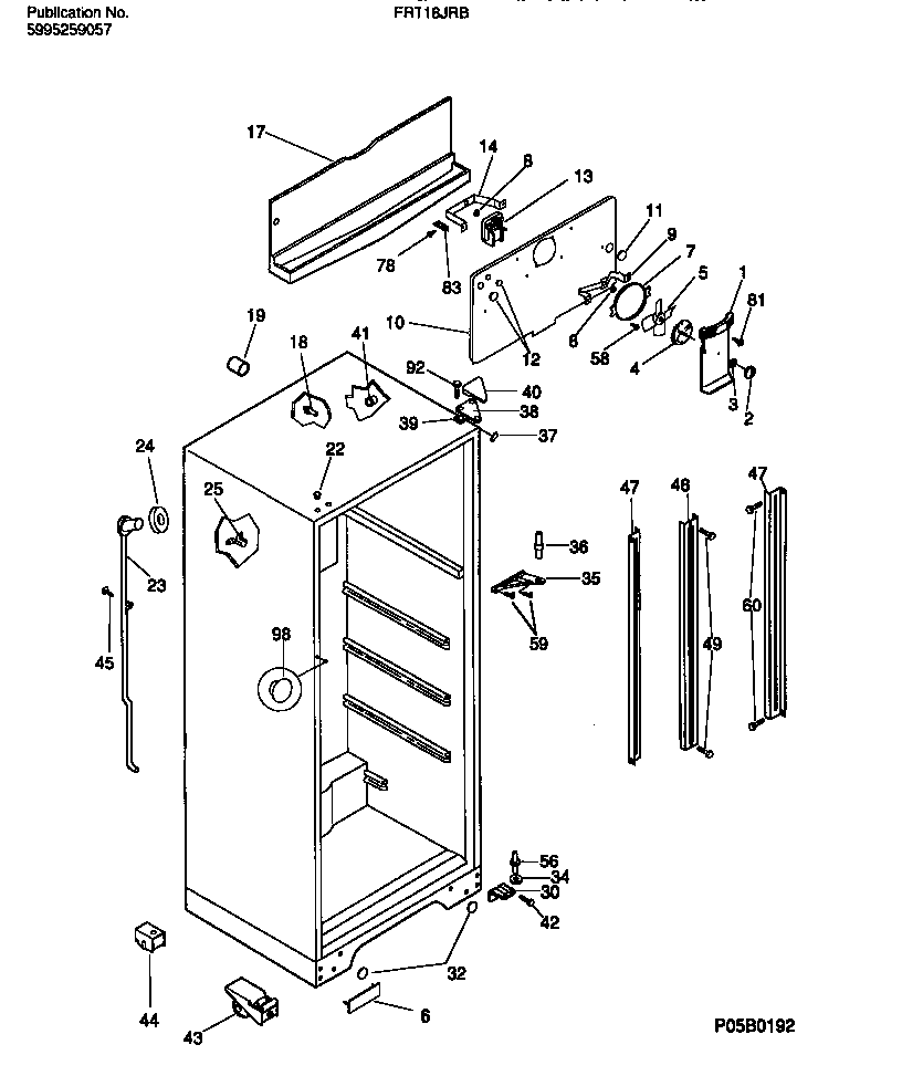 Frigidaire FRT18JRBW1 cabinet w/fan assembly diagram