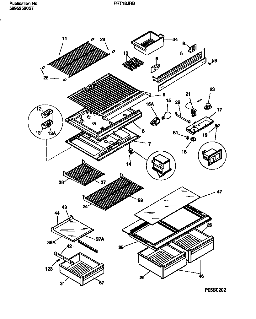 Frigidaire FRT18JRBW1 shelves, controls, divider, mullion diagram