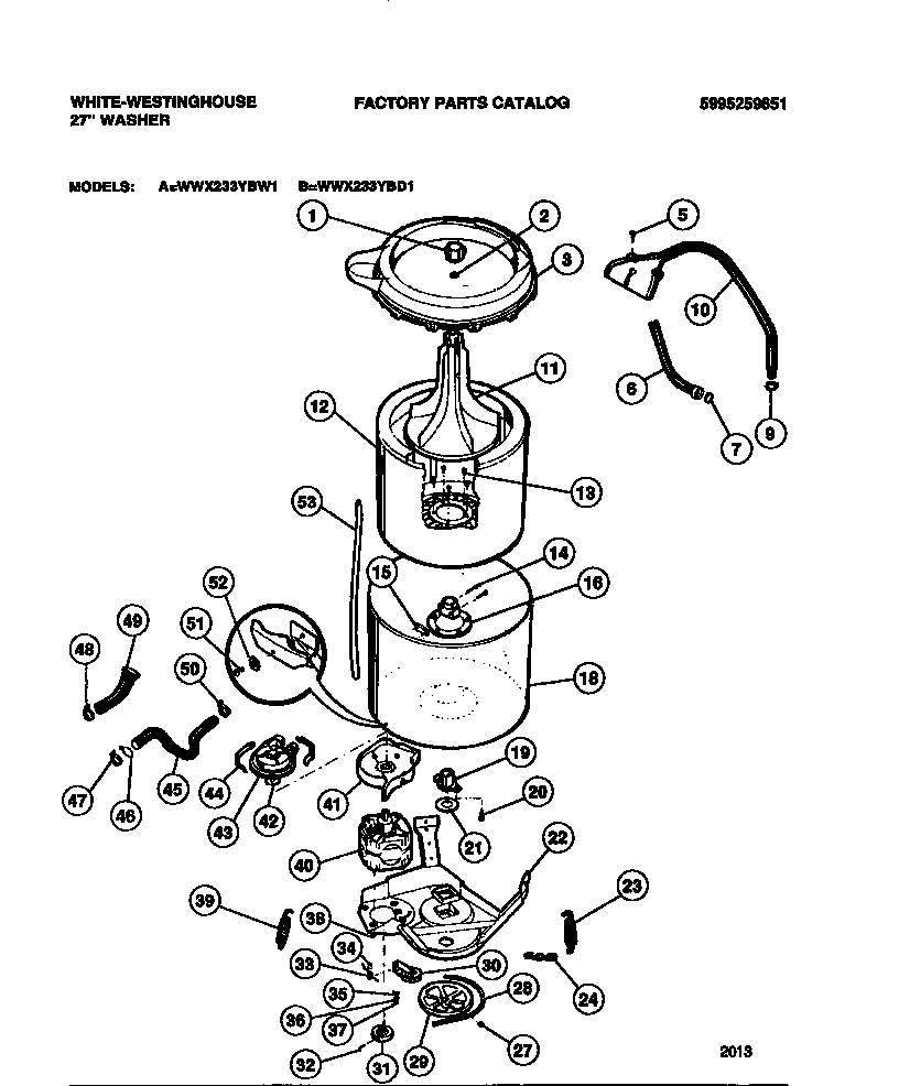 White-Westinghouse WWX233YBW1 tubs, hoses, motor diagram