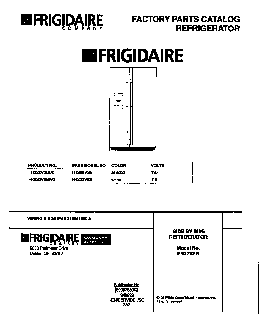 Frigidaire FRS22VSBD0 side by side refrigerator diagram