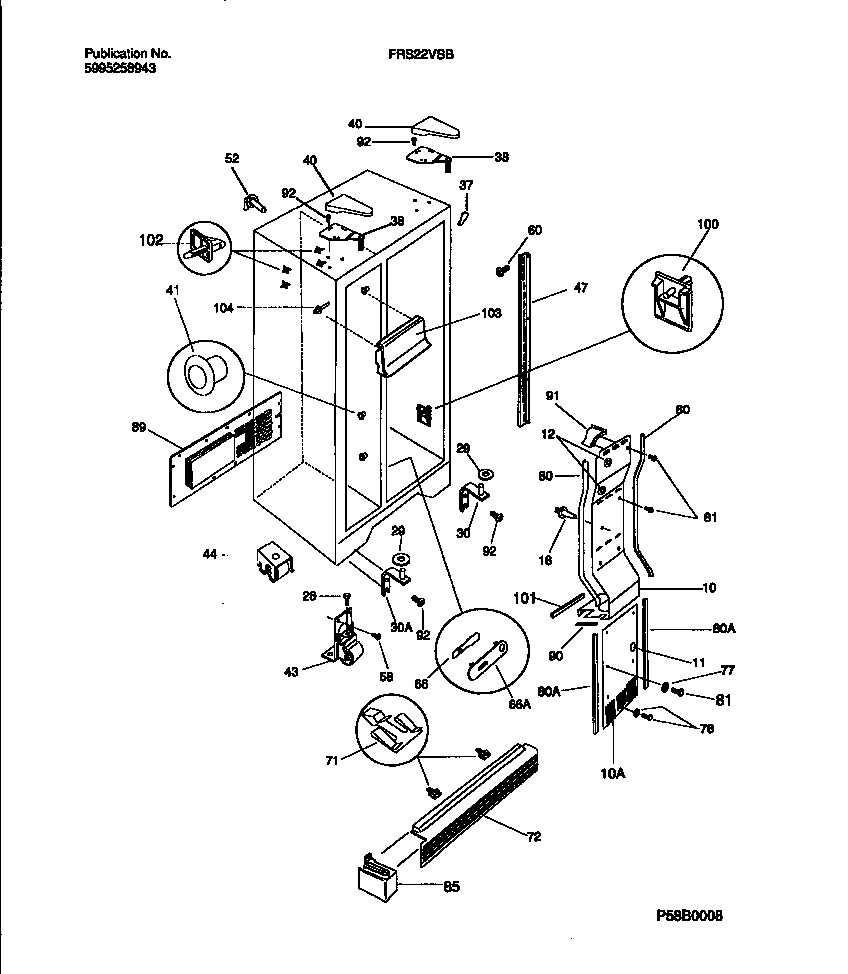 Frigidaire FRS22VSBD0 cabinet, light shields, mullion diagram