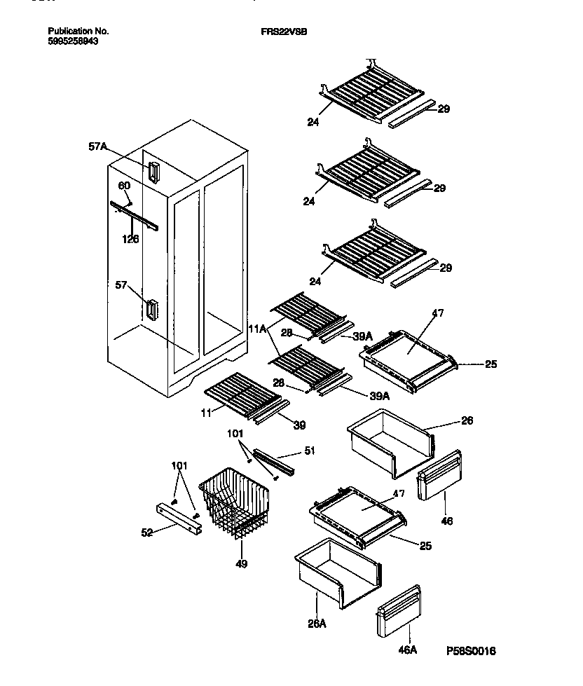 Frigidaire FRS22VSBD0 shelves, water tank, 3-door mullion diagram