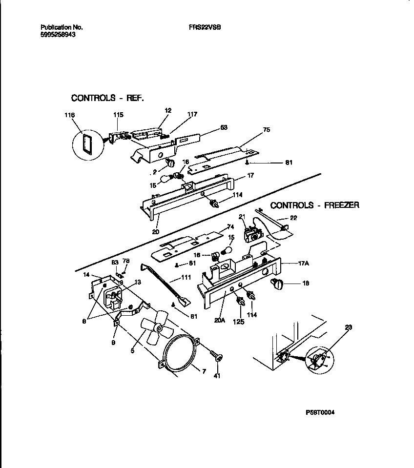 Frigidaire FRS22VSBD0 controls, damper, fan section diagram