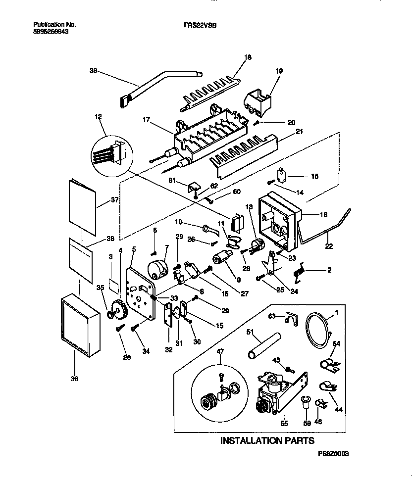 Frigidaire FRS22VSBD0 ice maker & installation components diagram