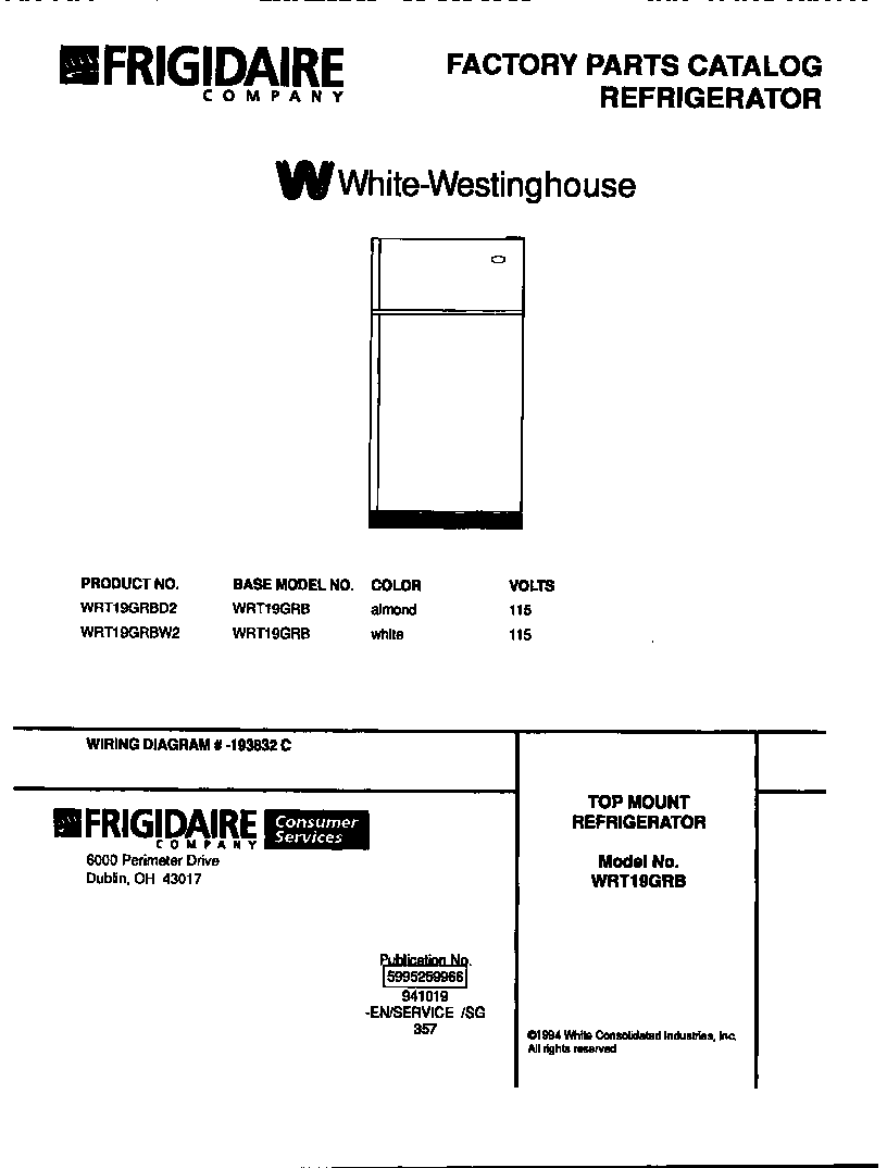 White-Westinghouse WRT19GRBD2 top mount refrigerator diagram