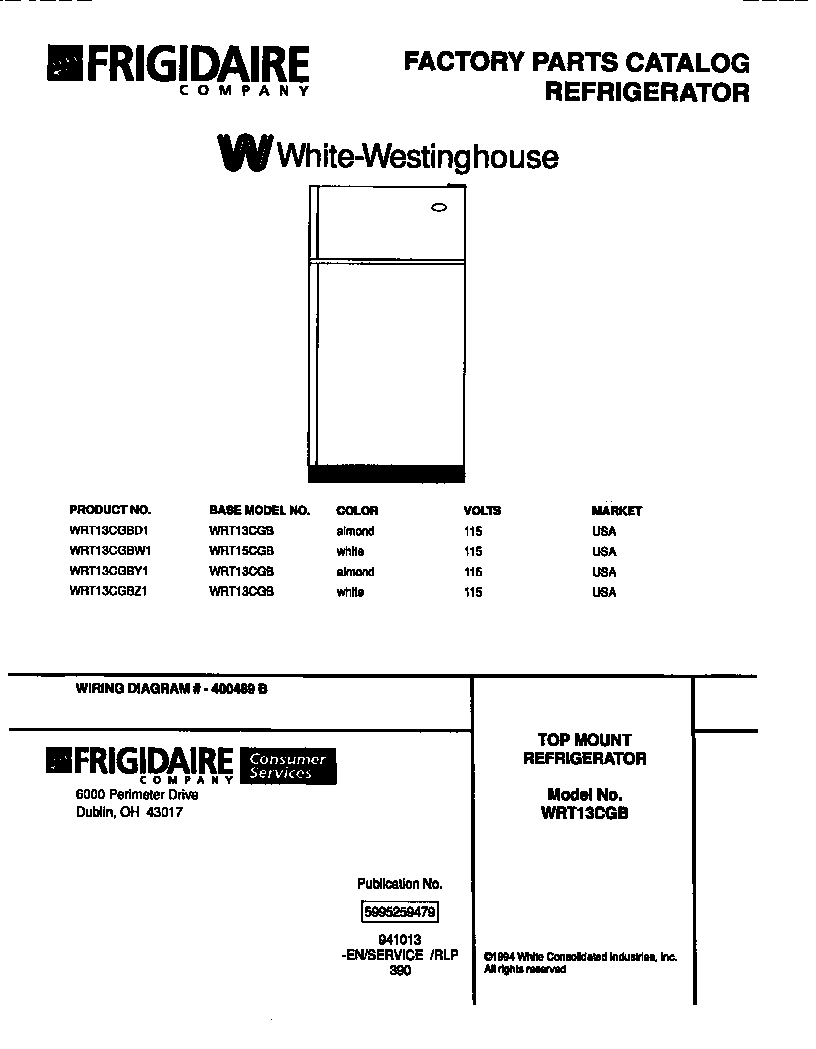 White-Westinghouse WRT13CGBZ1 top mount refrigerator diagram