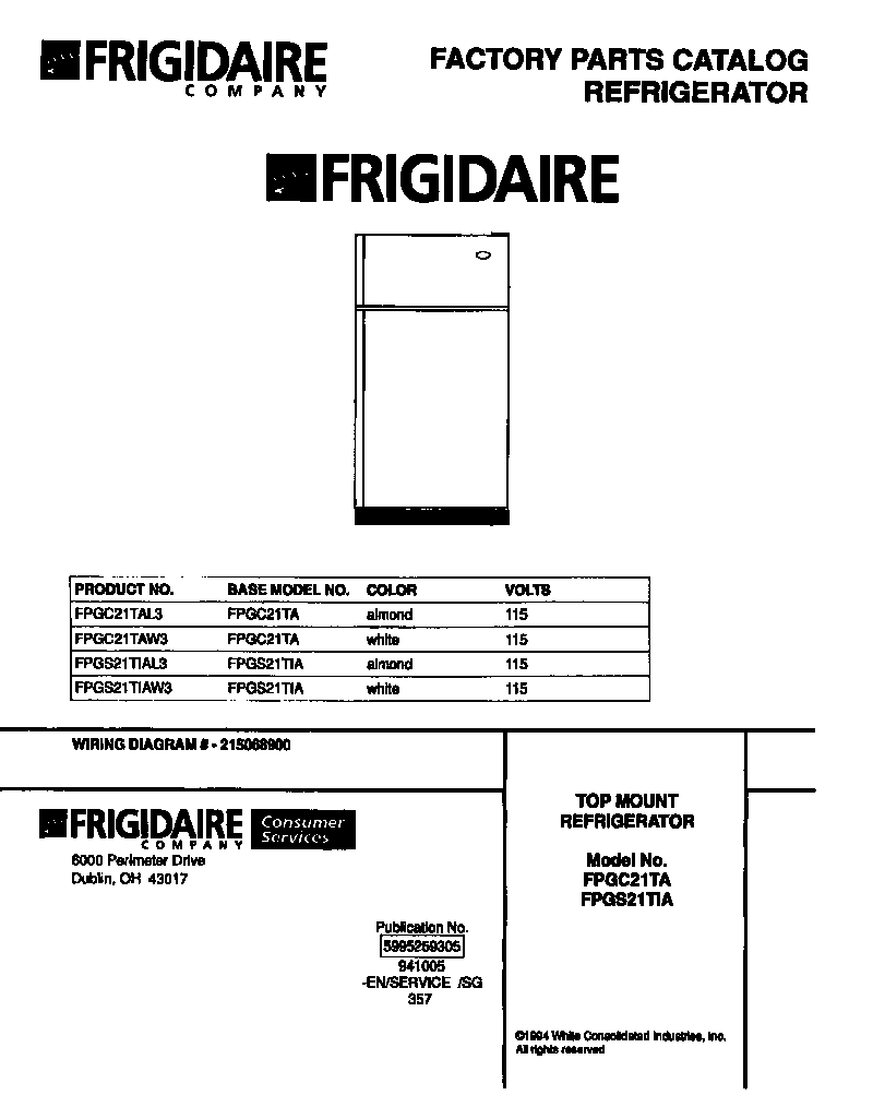 Frigidaire FPGS21TIAW3 top mount refrigerator diagram