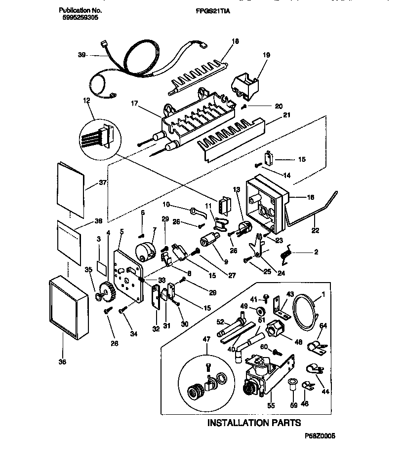 Frigidaire FPGS21TIAW3 ice maker & installation components diagram