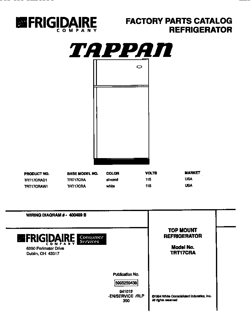 Tappan TRT17CRAW1 top mount refrigerator diagram