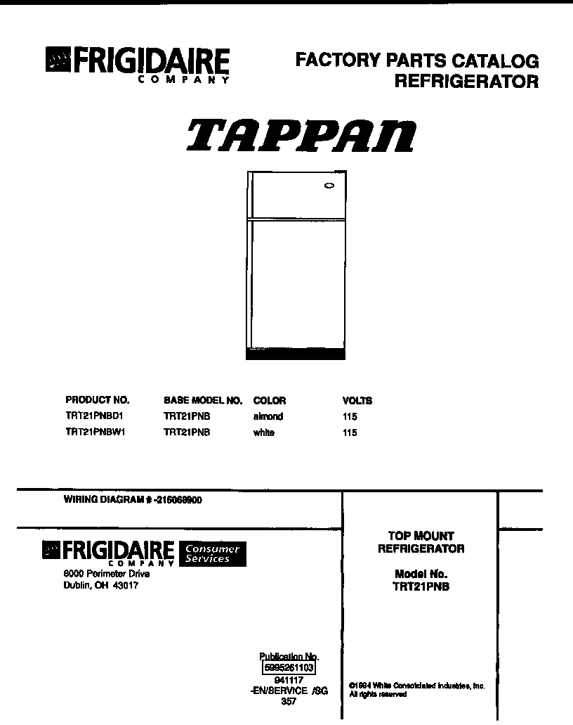 Tappan TRT21PNBW1 top mount refrigerator diagram