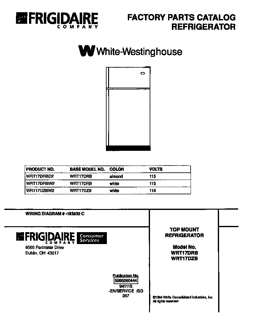 White-Westinghouse WRT17DRBD2 top mount refrigerator diagram