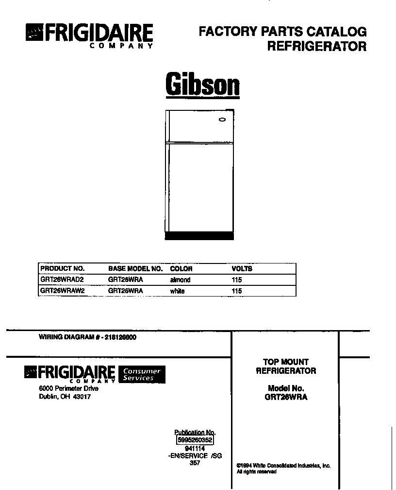 Gibson GRT26WRAW2 top mount refrigerator diagram