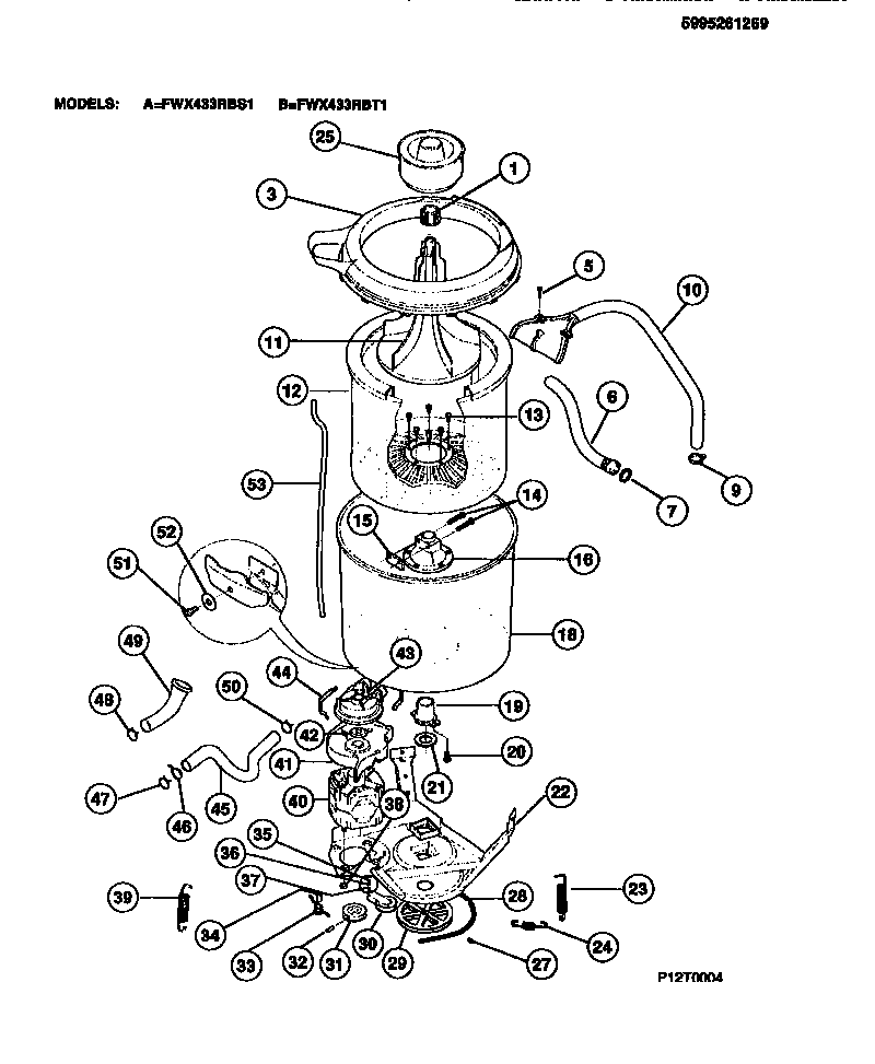 Frigidaire FWX433RBT1 tubs, hoses, motor diagram