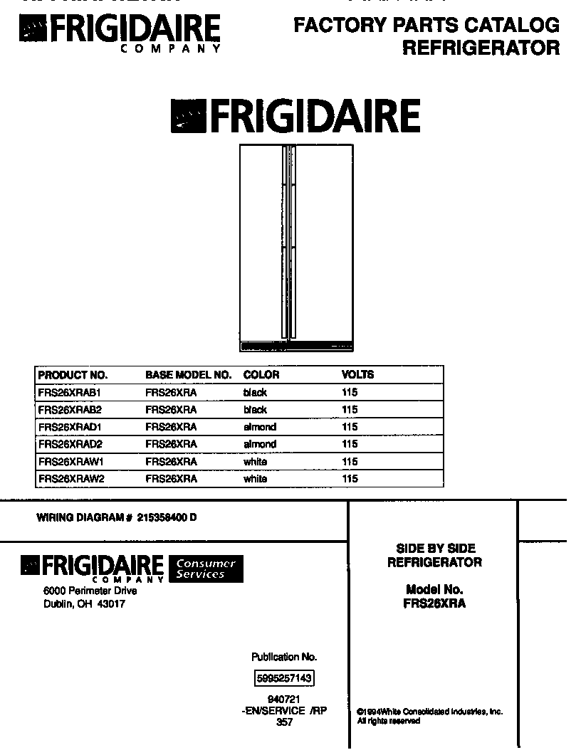 Frigidaire FRS26XRAD1 side by side refrigerator diagram
