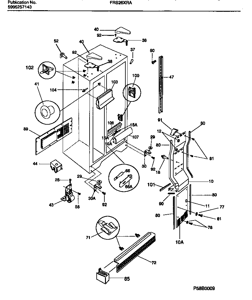 Frigidaire FRS26XRAD1 cabinet, light shields, mullion diagram