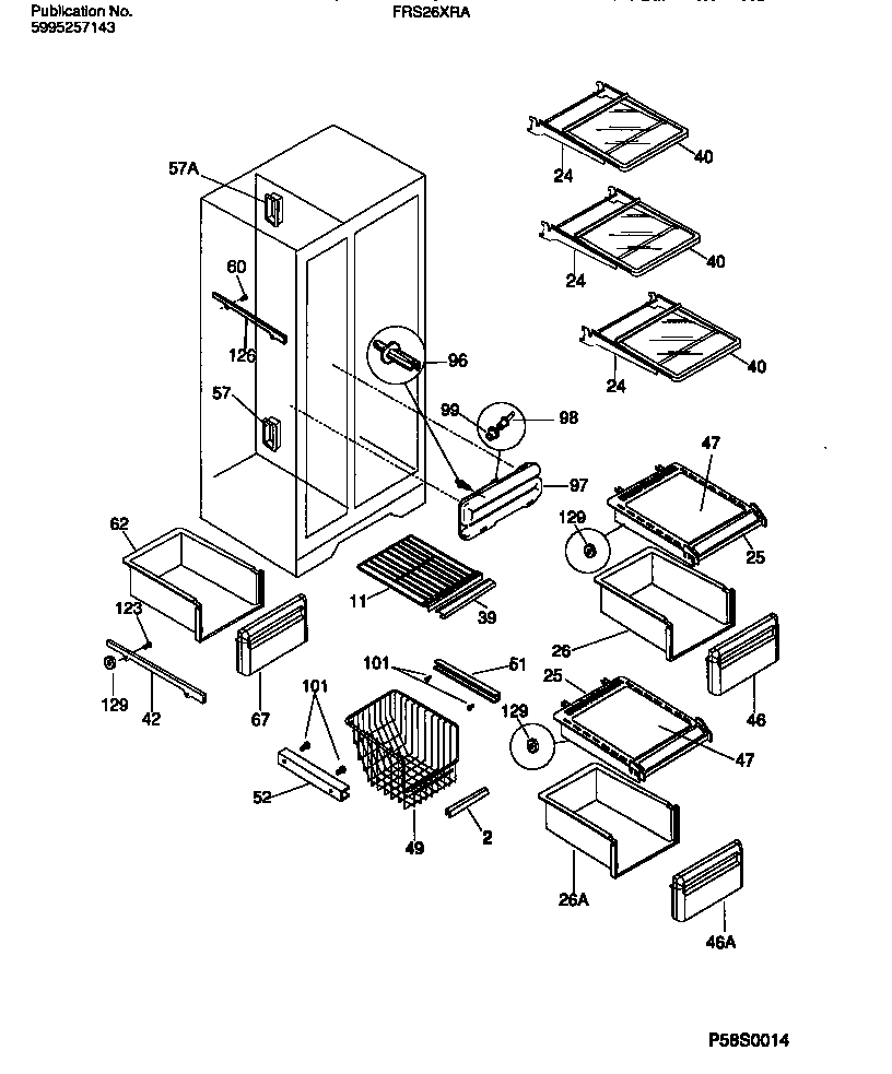 Frigidaire FRS26XRAD1 shelves, water tank, 3 door mullion diagram