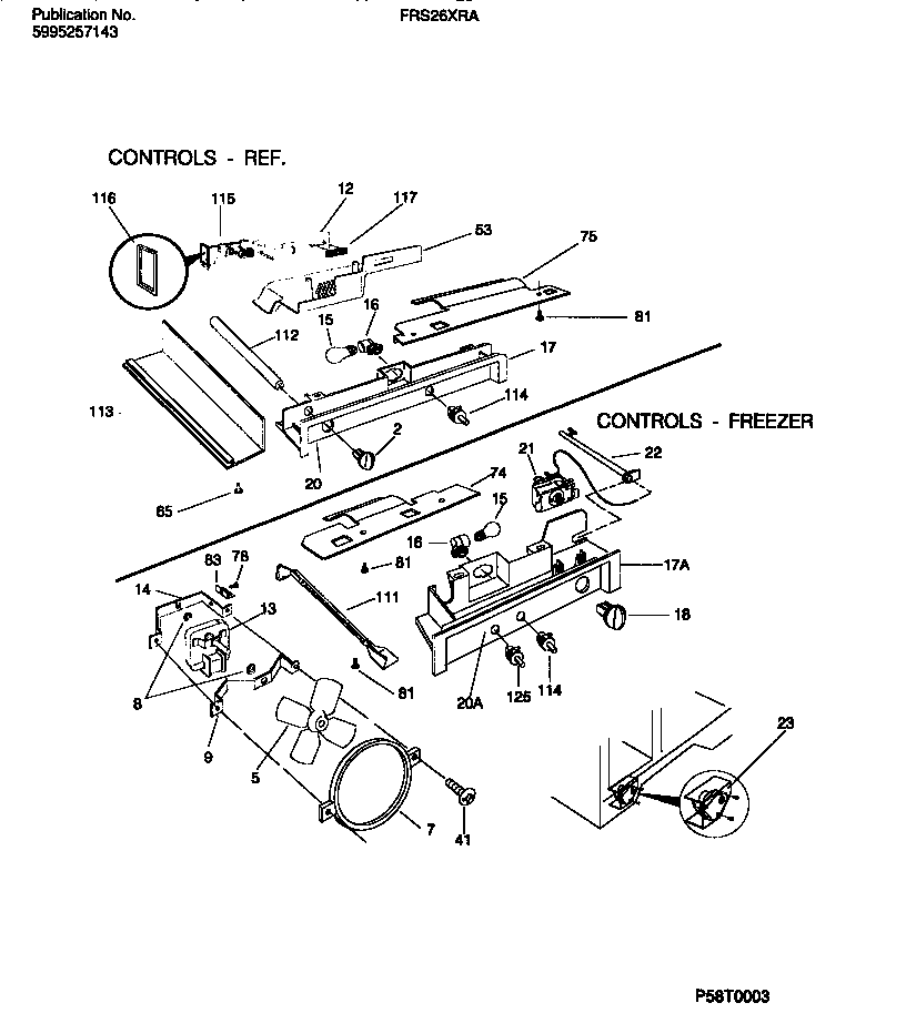 Frigidaire FRS26XRAD1 controls, damper, fan section diagram