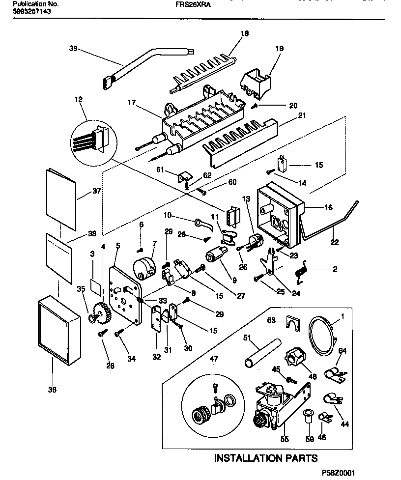 Frigidaire FRS26XRAD1 ice maker  & installation components diagram