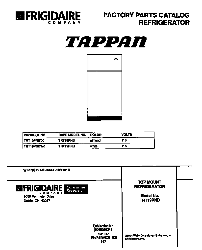 Tappan TRT19PNBW0 cover page diagram