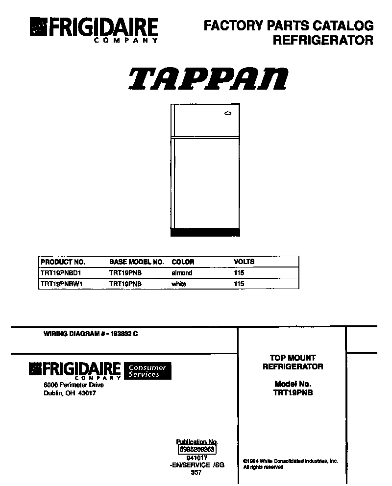 Tappan TRT19PNBD1 cover page diagram
