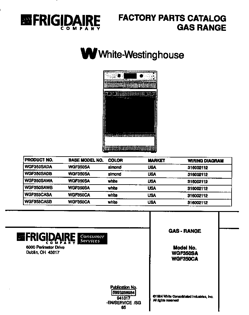 White-Westinghouse WGF350SADB cover sheet diagram