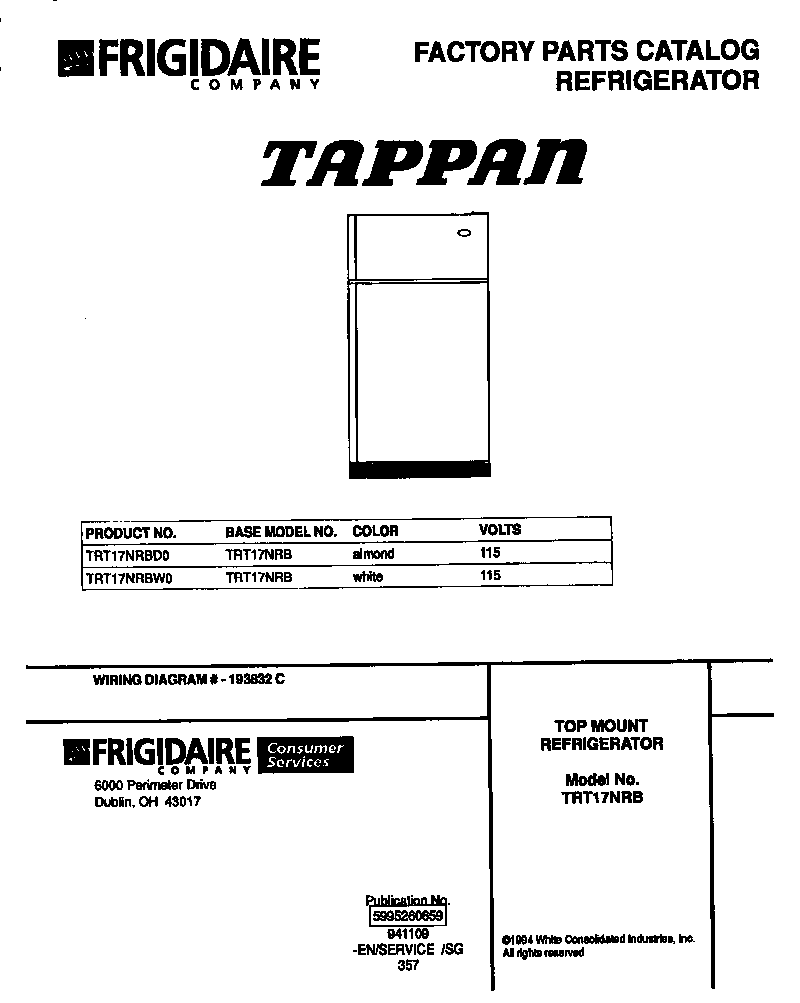 Tappan TRT17NRBD0 cover page diagram