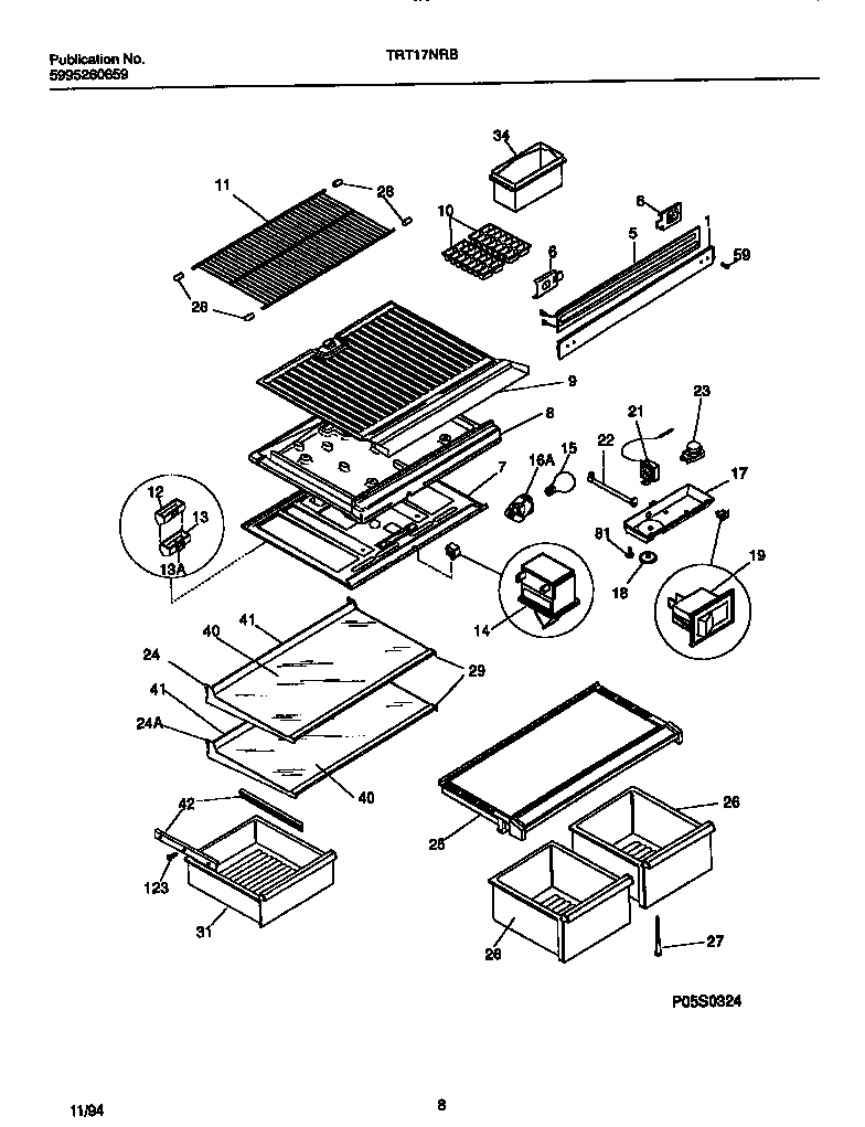Tappan TRT17NRBD0 shelves, controls, divider, mullion diagram