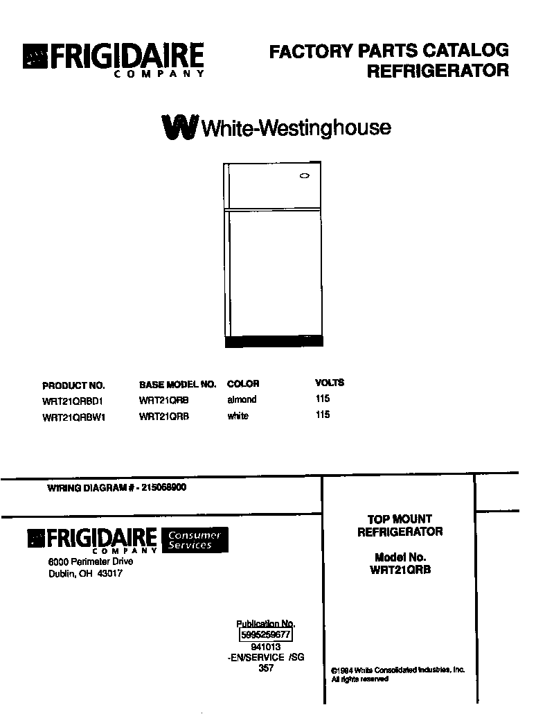 White-Westinghouse WRT21QRBW1 top mount refrigerator diagram