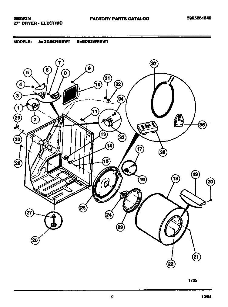 Gibson GDE336RBW1 cabinet, drum, heat duct diagram
