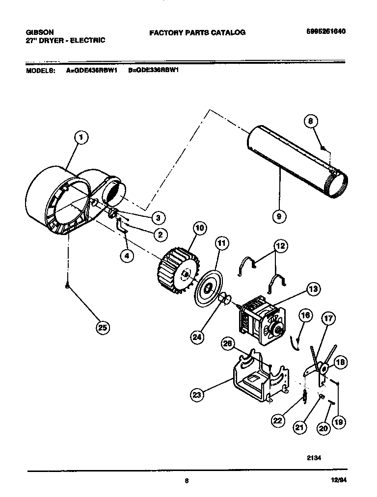 Gibson GDE336RBW1 motor, fan housing, exhaust duct diagram