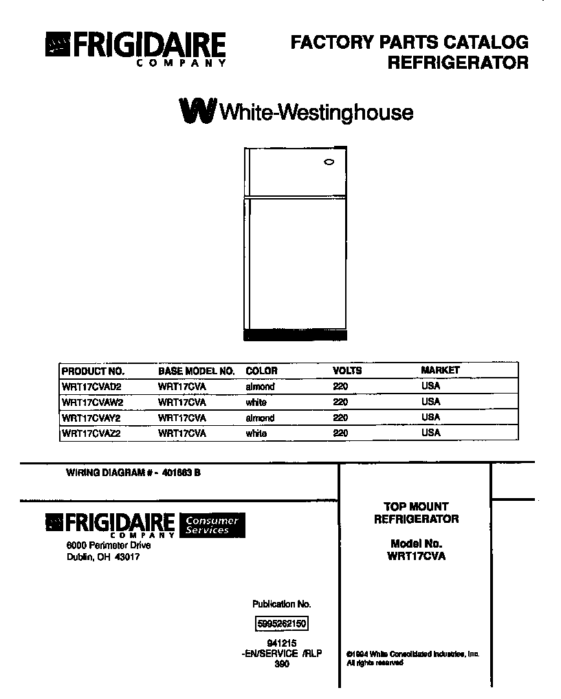 White-Westinghouse WRT17CVAY2 cover page diagram