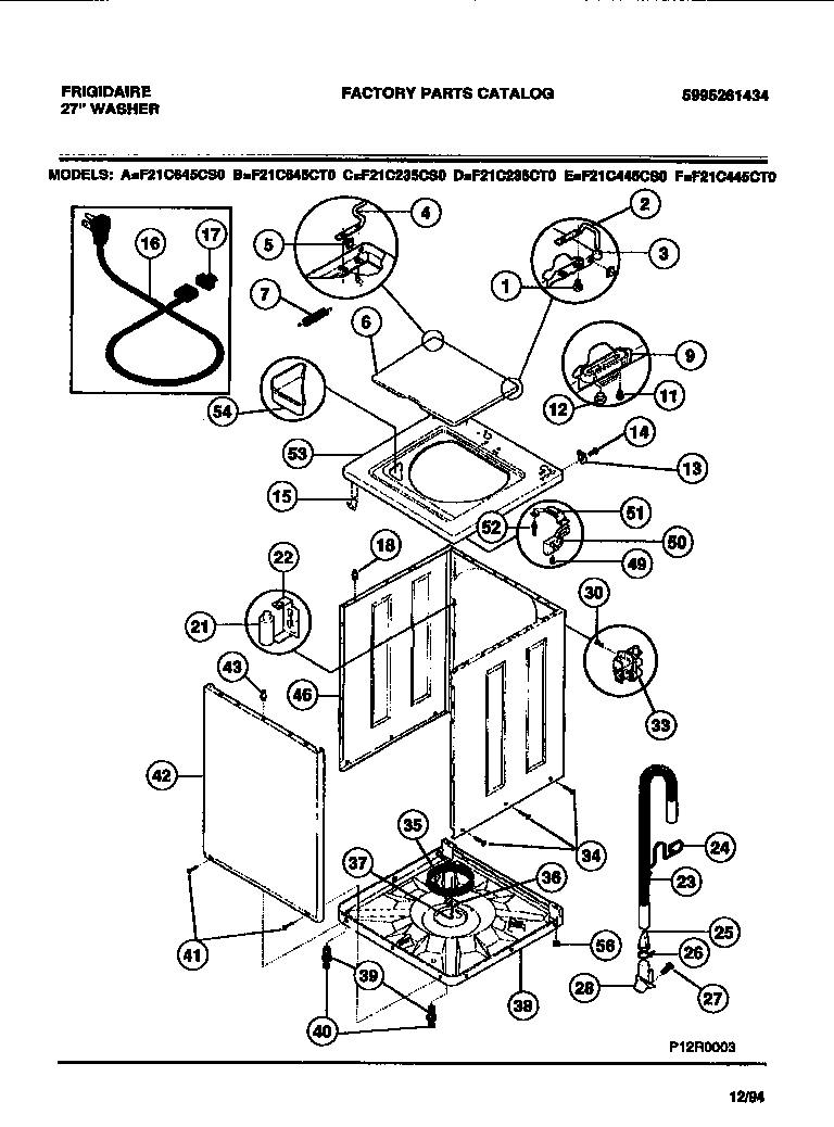 Frigidaire F21C645CT0 cabinet, base, washer top, lid diagram