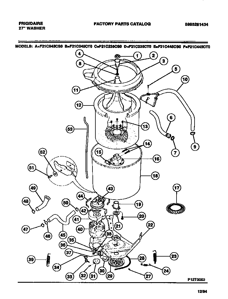 Frigidaire F21C645CT0 washer outer tub, inner tub, sub top, agitator diagram