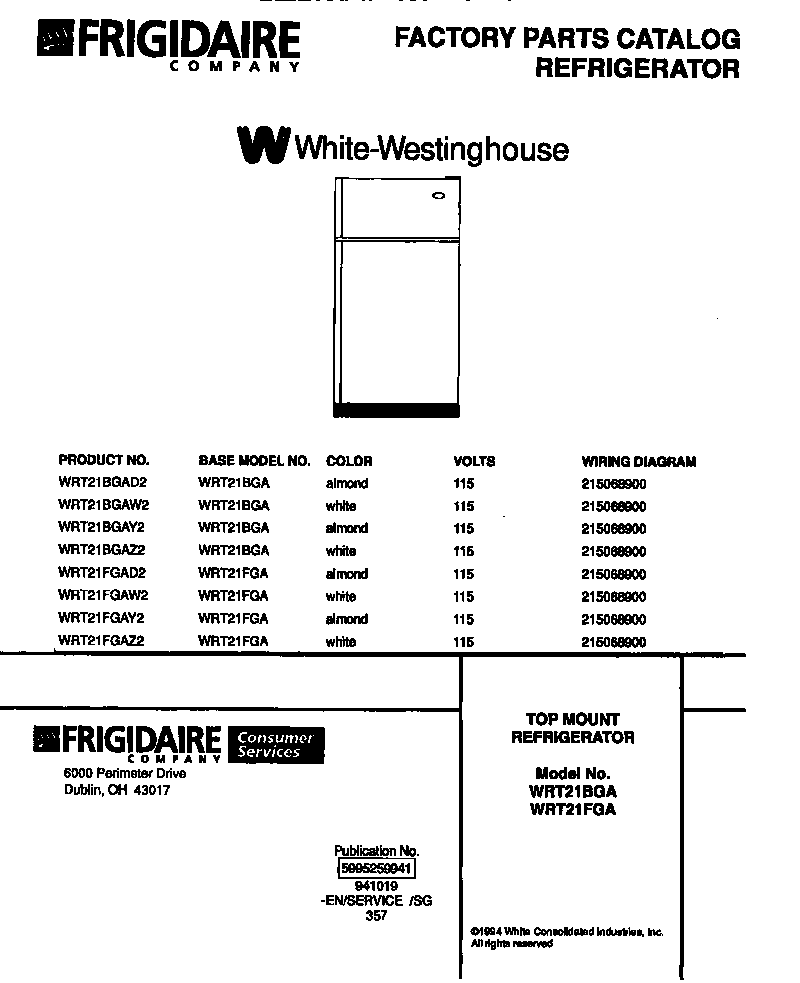 White-Westinghouse WRT21BGAW2 top mount refrigerator diagram