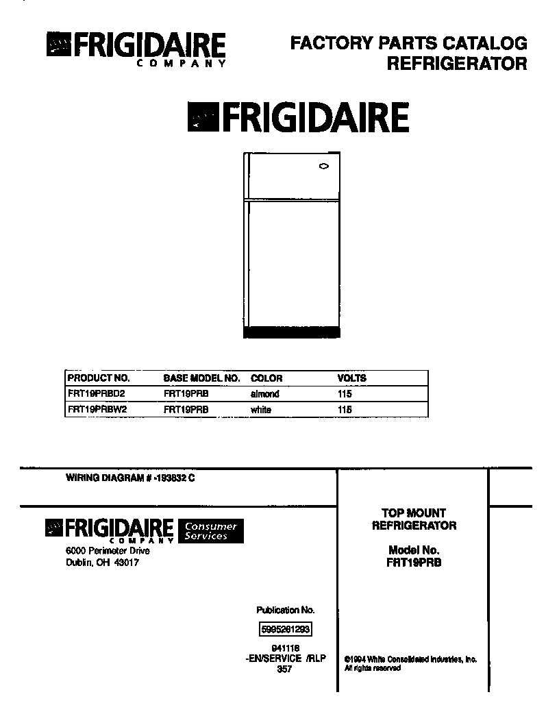 Frigidaire FRT19PRBW2 cover page diagram