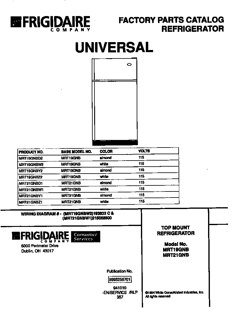 Universal/Multiflex (Frigidaire) MRT19GNBZ2 top mount refrigerator diagram