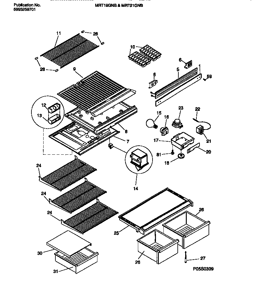 Universal/Multiflex (Frigidaire) MRT19GNBZ2 shelves, controls, divider, mullion diagram