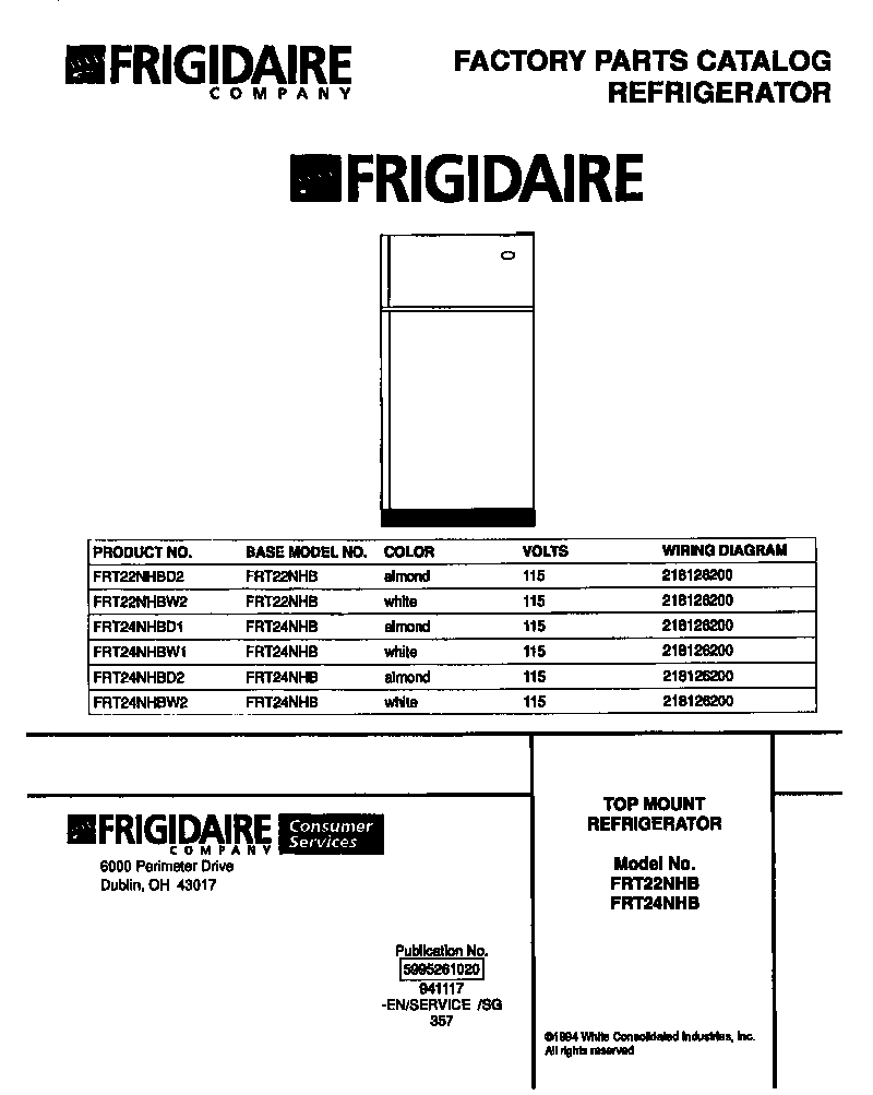 Frigidaire FRT24NHBD2 cover page diagram