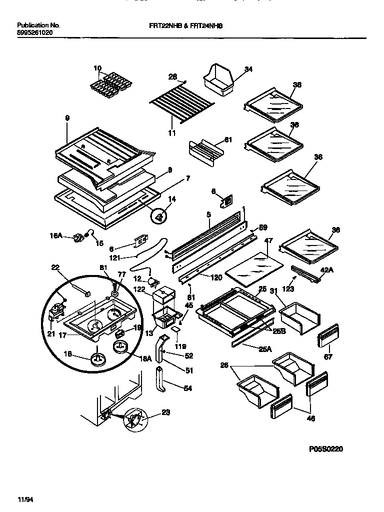 Frigidaire FRT24NHBD2 shelves, controls, divider, mullion diagram