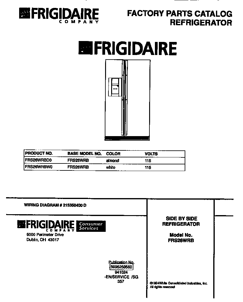 Frigidaire FRS26WRBW0 front cover diagram